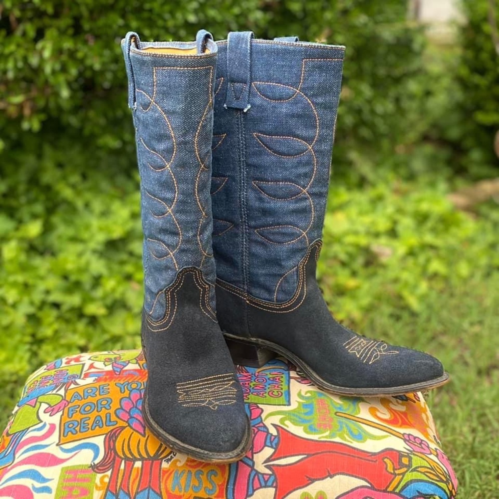 ACME Denim Suede Cowgirl Boots Size 7 - Picture 2 of 4